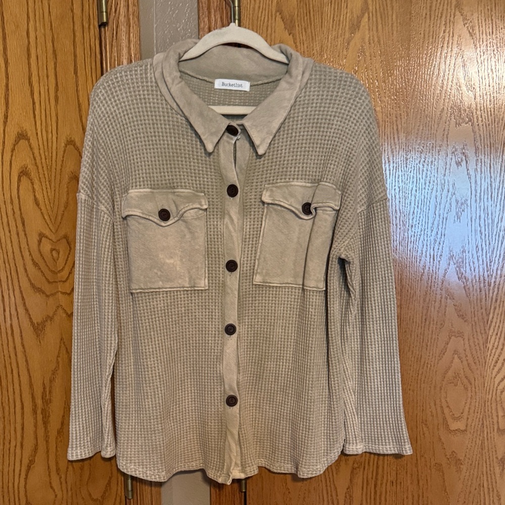 Beige Button-Up Waffle Knit Shirt/Shacket